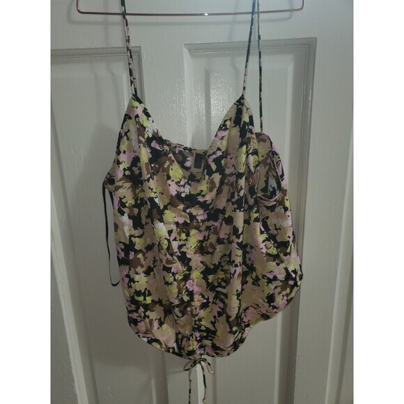 Floral Camo Print Spaghetti Strap Cami Top Drawstring Hem Summer Blouse XL - Picture 1 of 3